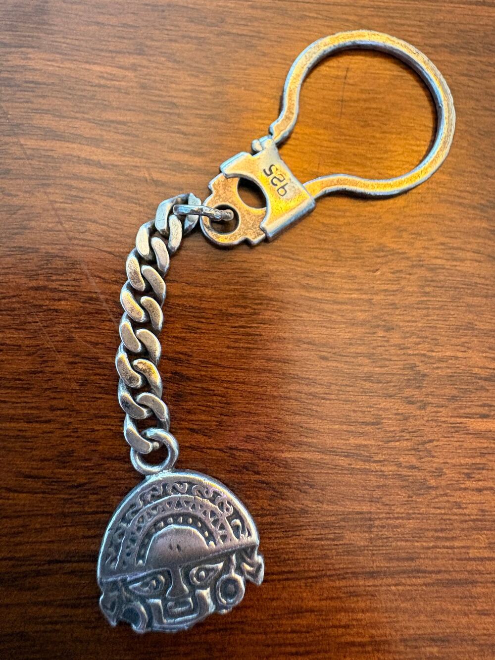 Vintage 925 Sterling Silver Aztec Mayan Face Keychain Heavy Curb Chain